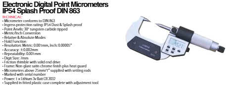 Insize Digital Point Micrometer IP54 0-25mm/0-1" 3130-25