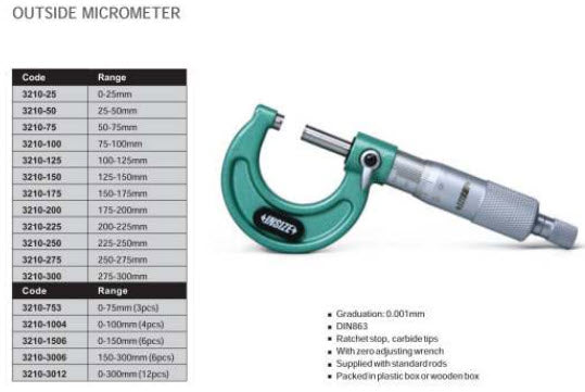 Insize Set of Insize Mechanical micrometers without heat shield Range : 0-75mm Graduation : .001mm Number of Micrometers : 3 Type : Ratchet 3210-753