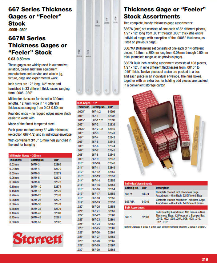 Starrett 667M-30 Thickness Gauge Feeler strips .30mm Feeler Strip, 300 Long
