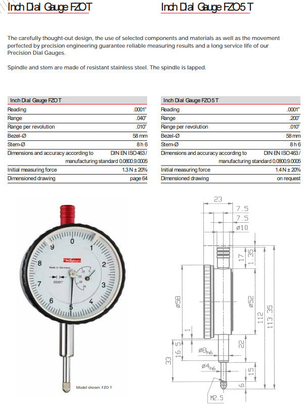 Verdict 23/2025, Kaefer KZ 04 T Ta Reading .0001" Dial Numbering 0-10 Range .04" Bezel-2.25", Stem- 8mm