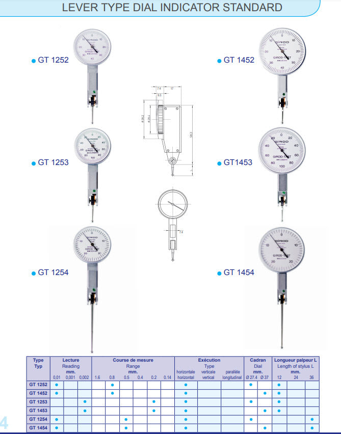 Girod Horizontal Indicator Long stylus GT 1454A, Graduation: .0005", Range: .020", Reading: 0-10-0, Face 1.5'', Stylus 1.18'', DIN 2270