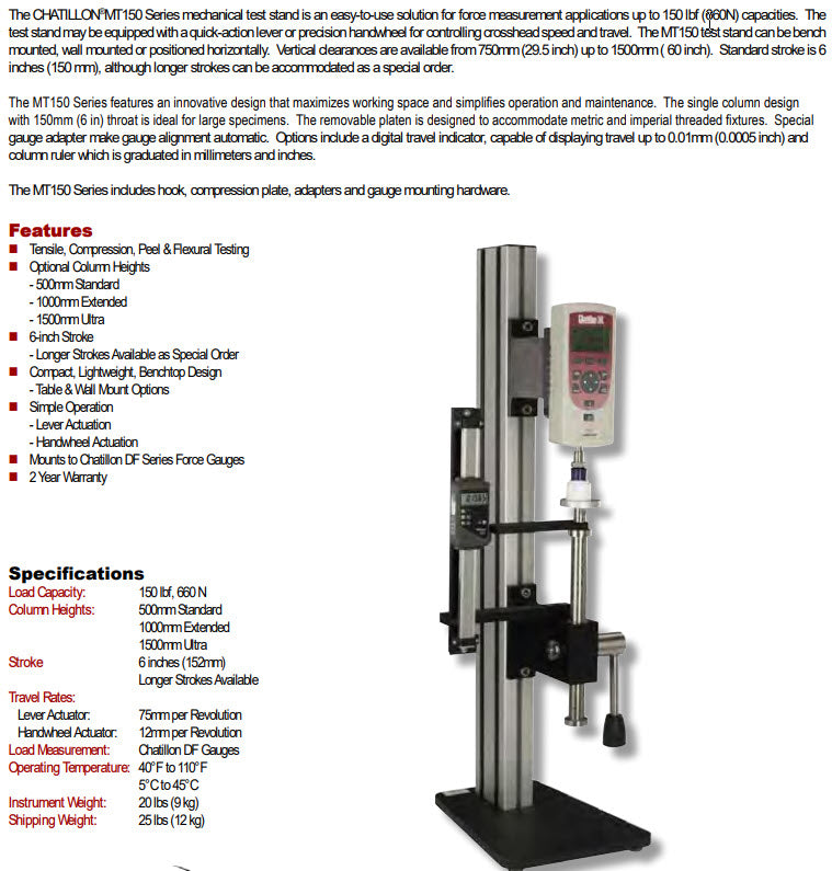 Chatillon MT150HE1B1 Mechanical Test Stand, 150 lbf, Handwheel, 1000mm, LG and DF Series, Vertical Bench Mounting, with Digital readout