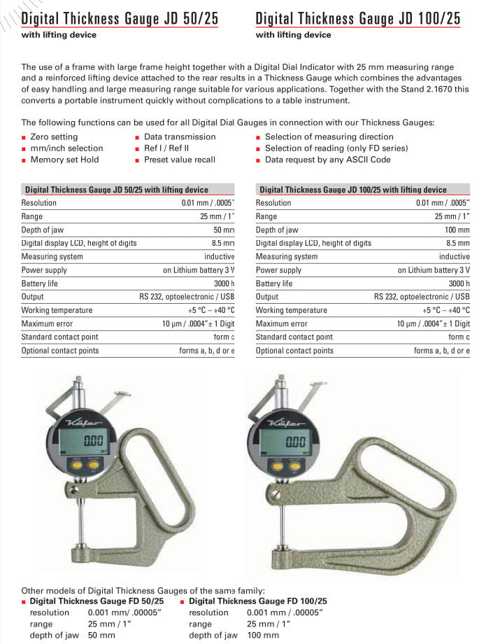 Käfer JD50 (0.01mm) Digital Thickness Gauge 50mm Jaw 0-12.5mm (0-0.5?)