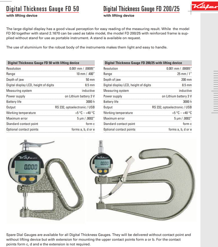 Käfer FD50 (0.001mm) Digital Thickness Gauge 50mm Jaw 0-12.5mm