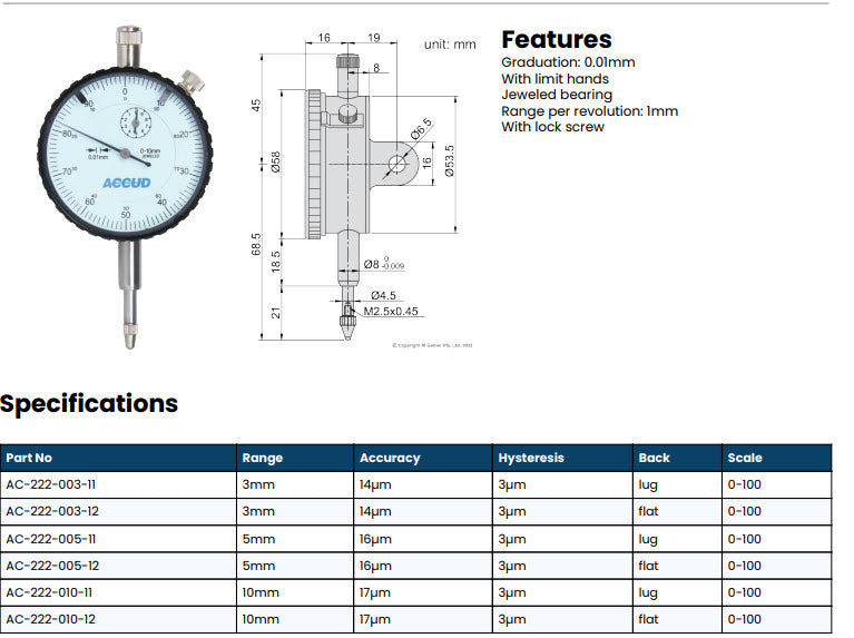 Accud Standard Indicator, Lug Back, ISO Type, 10mm, 0,01mm 222-010-12E