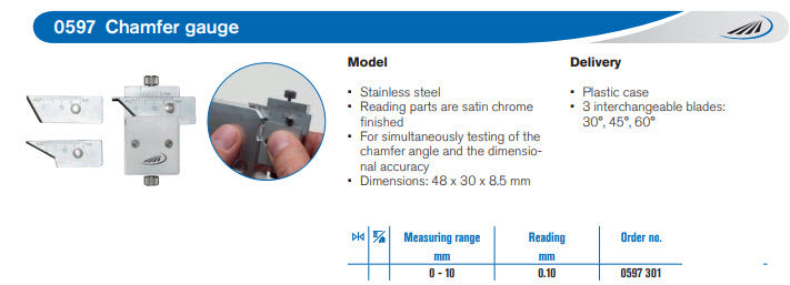 Preisser Chamfer gauge 0597301 (450350) 0-10mm 3 interchangeable blades: 30, 45, 60 degrees Grad .1mm