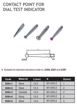 INSIZE Lever contact points 6284-4, 1.6 x .2mm, 2mm ball length 13.5mm Ruby