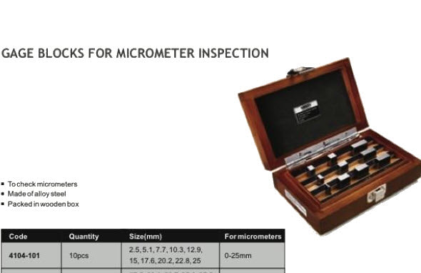 Insize Gauge Block set 4104-10-1 or checking 0-25mm Micrometers Set of gauges for checking micrometer accuracy for 0-25mm micrometers. Technical specification: Quantity: 10pcs Grade 0 Meet ISO 3650