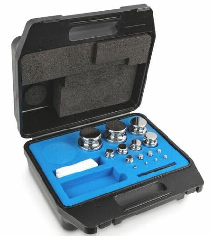 Kern 314-074-600 E2 Weight Sets 1g-2Kg in a lined plastic case Cylindrical shape, polished stainless steel Dust-brush, tweezers and gloves to handle the weights included, DKD Certificate of Calibration Included