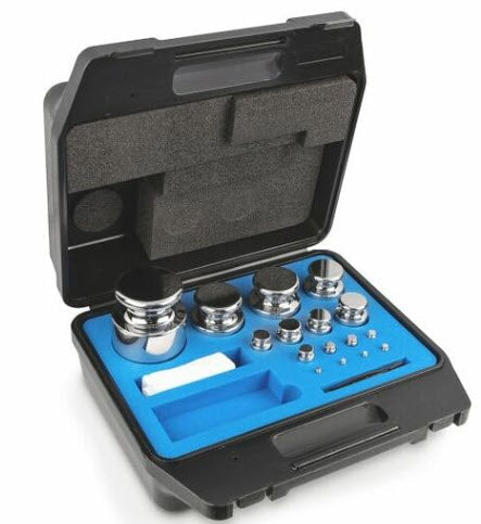 Kern 314-084-600 E2 Weight Sets 1g-5Kg in a lined plastic case Cylindrical shape, polished stainless steel Dust-brush, tweezers and gloves to handle the weights included, DKD Certificate of Calibration Included