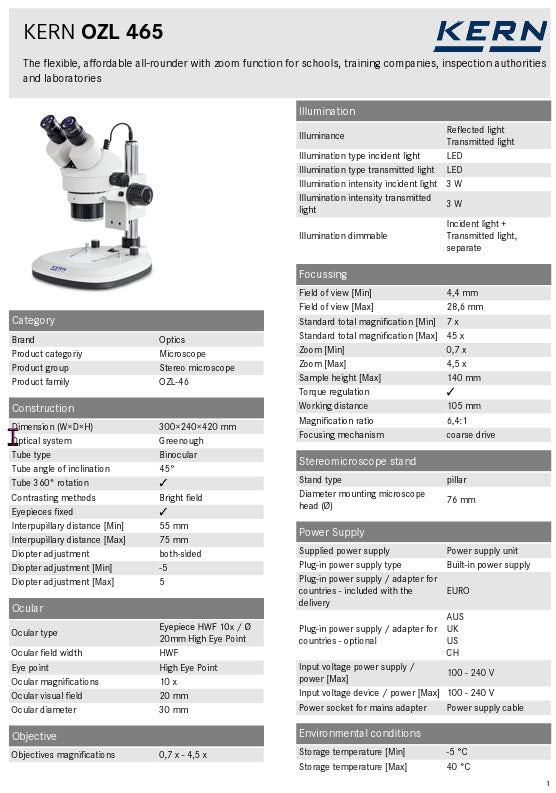 Kern OZL Stereo Zoom Microscopes OZL 465 Binocular 10x Eye piece, Zoom .7 to 4.5X, Integrated LED Ring Light