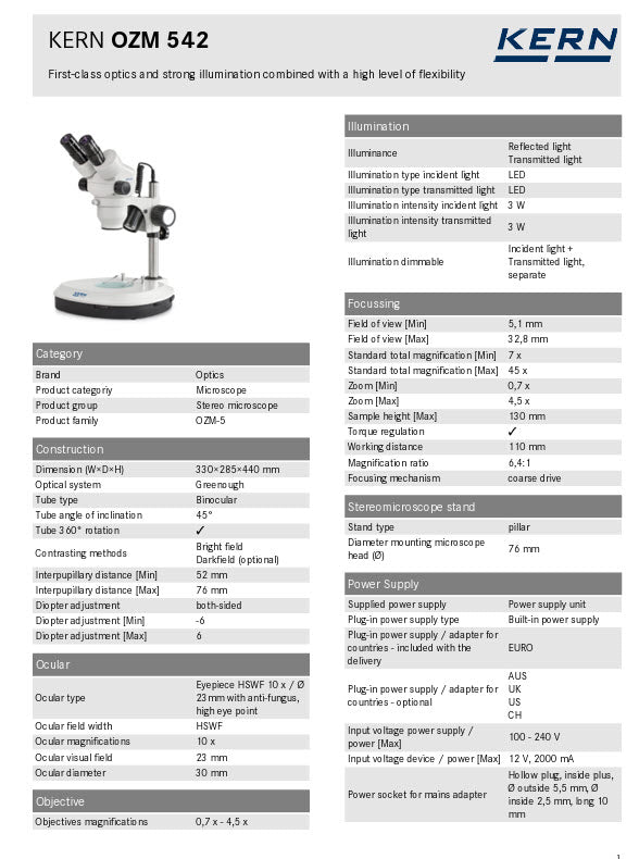Kern OZM 542 Stereo Zoom Microscopes Binnocular HWF Eyepiece 10× , Zoom 0,7 x - 4,5 x , 3W LED, Incident/Transmitted