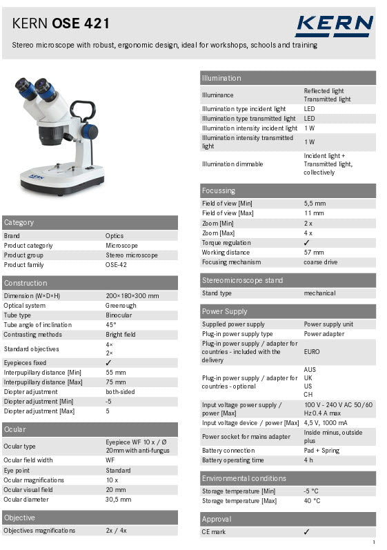 Kern OSE 421 Stereo Zoom Microscopes Binocular HWF Eyepiece 10×, Field of View Ø20mm, Objective 2x/4x, LED Incident/Transmitted