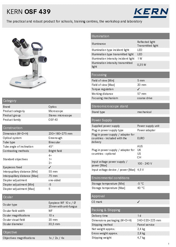 Kern OSF 439 Stereo Zoom Microscopes Binocular HWF Eyepiece 10×, Field of View Ø20mm, Objective 1x/2x/4x LED Incident/Transmitted