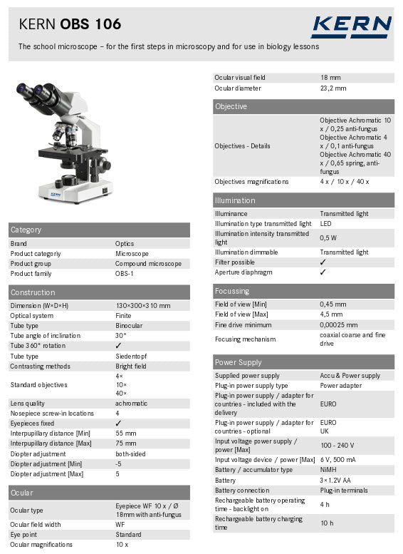 Kern OBS Educational Microscopes OBS 106, Binocular tube, 10x Eye piece, Objectives 4x/10x/40x, Mechanical stage
