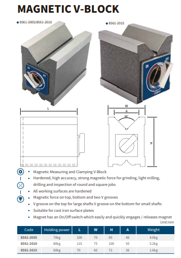 DASQUA Magnetic V-Block / Model: 8561-2010 MAG.V-BLOCK WITH DOUBLE V GROOVE 115*75*100,80KG【DIA.6-67MM】