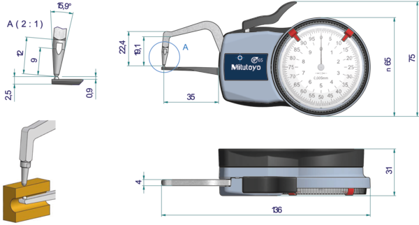 Mitutoyo External Dial Caliper Gauge 0-10mm, 0,005mm 209-400 ( Kroeplin Equivalent D1R10)