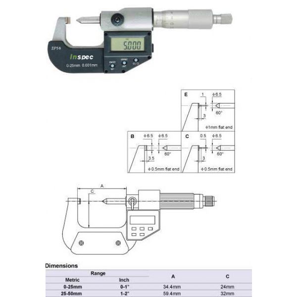 Inspec Single Point Micrometer 232-51-410 Range 0-1"/0-25mm resolution .001mm/.00005", 60 degree spindle
