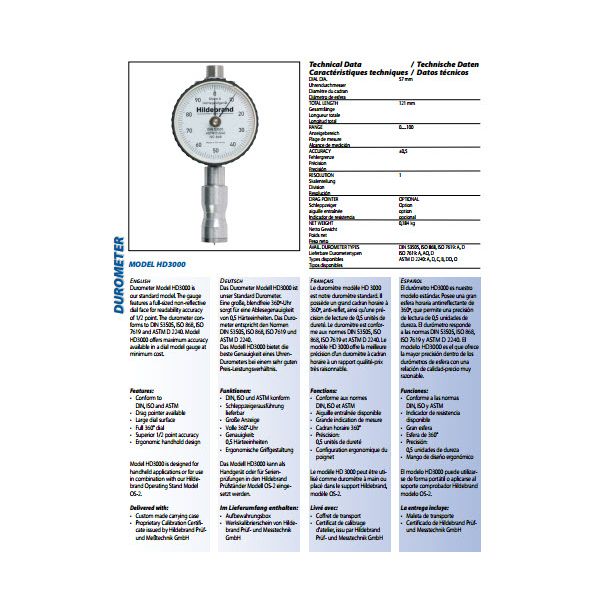 Hildebrand Code 222808, Model HD3000 Shore D Hardness Tester Without Drag Pointer DIN ISO 7619-1, ISO 868, ISO 7619, ASTM D 2240 (Linear Ball Bearings)