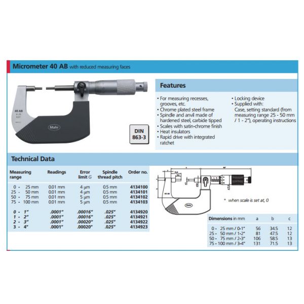 Mahr 40AB Mechanical Micrometers Microbar With Reduced measuring faces Range 1-2'' x .0001'', 4134921