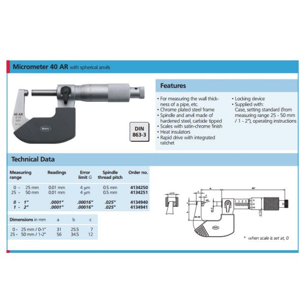 Mahr 40AR Mechanical Micrometers Micromar Spherical Anvil Micrometers, Range 25-50mm x .01mm 4134251