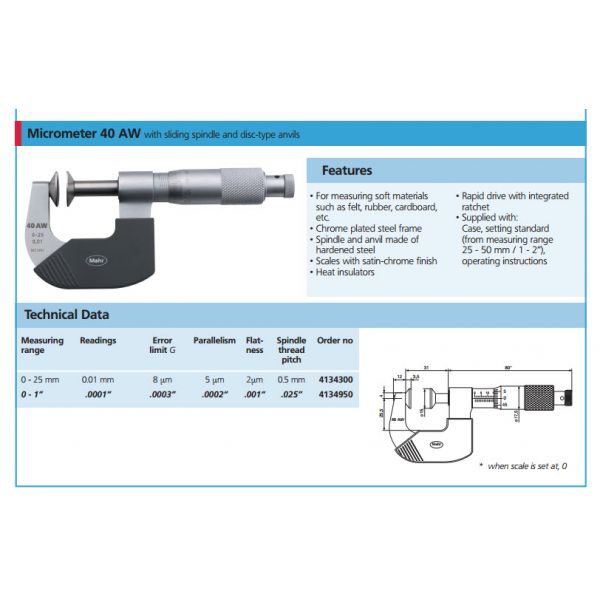 Mahr 40AW Mechanical Micrometers Micromar Non Rotating Disc Micrometer, Range 0-1'' x .0001'' 4134950