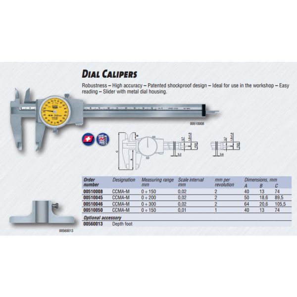 Tesa Dial Caliper 300mm 0.02mm 2mm 00510046