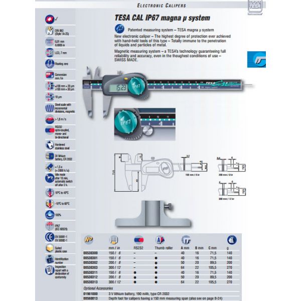 Tesa TESA CAL IP67 magna µ system 0-150mm/0-6'' Caliper Resolution .01mm/.0005'' With Thumb Roller, With RS232 00530311
