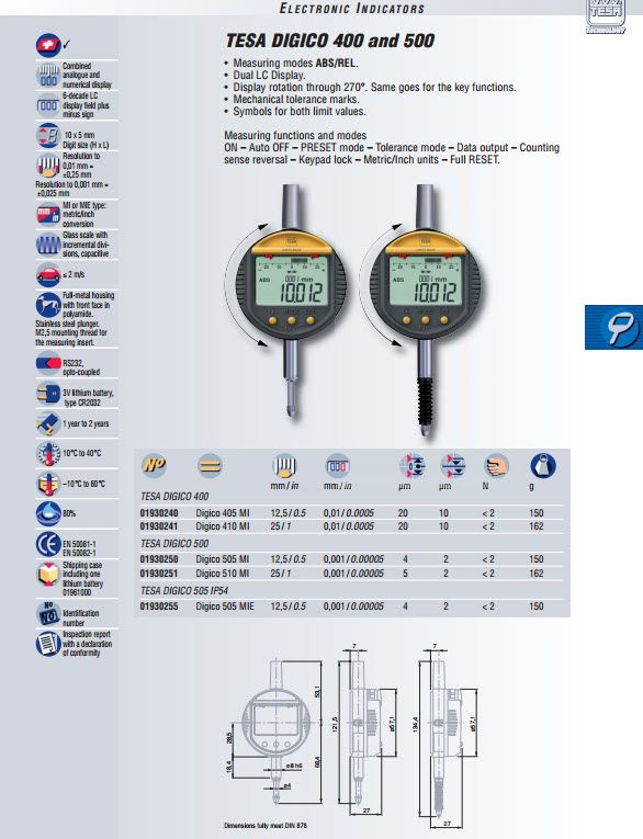 TESA Digico 705 MI Measuring range: 12.5mm/0.5", Resolution: 0.001mm/.00005" Code 01930258 Used for bore gauges
