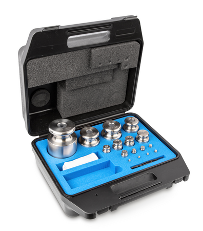 Kern 344-084-600, Kern M1 Sets 1g-5Kg in a plastic case Cylindrical shape, polished stainless steel Dust-brush, tweezers and gloves to handle the weights. DKD Certificate of Calibration Included