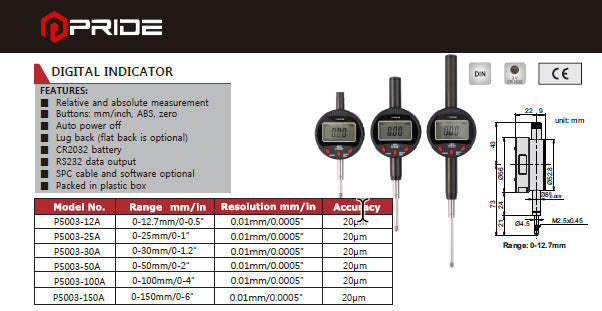 Pride Digital Indicator P5003-50A range 50mm x .01mm resolution