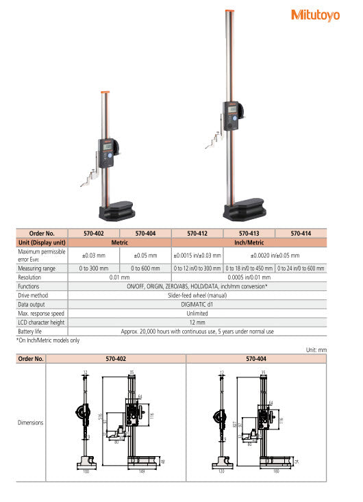 Digital ABS Height Gauge Inch/Metric, 0-450mm/0-18", with Handwheel 570-413