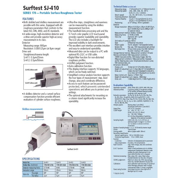 Mitutoyo 178-581-12E Surftest SJ-411 Surface Roughness Tester, 1" X-Axis Travel, 4 mN Detector, 5 Micron Stylus Tip Radius