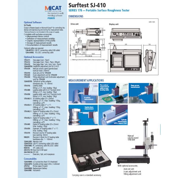 Mitutoyo 178-583-12E Surftest SJ-412 Surface Roughness Tester, 2"/50mm X-Axis Travel, 4 mN Detector, 5 Micron Stylus Tip Radius