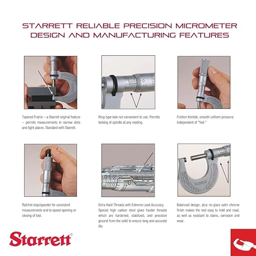 Starrett T230XFL Outside Micrometer includes 0-1" range, friction thimble, lock nut, carbide face, 0-1" Range, .0001" Grad, Carbide Faces, Friction Thimble, Lock Nut.