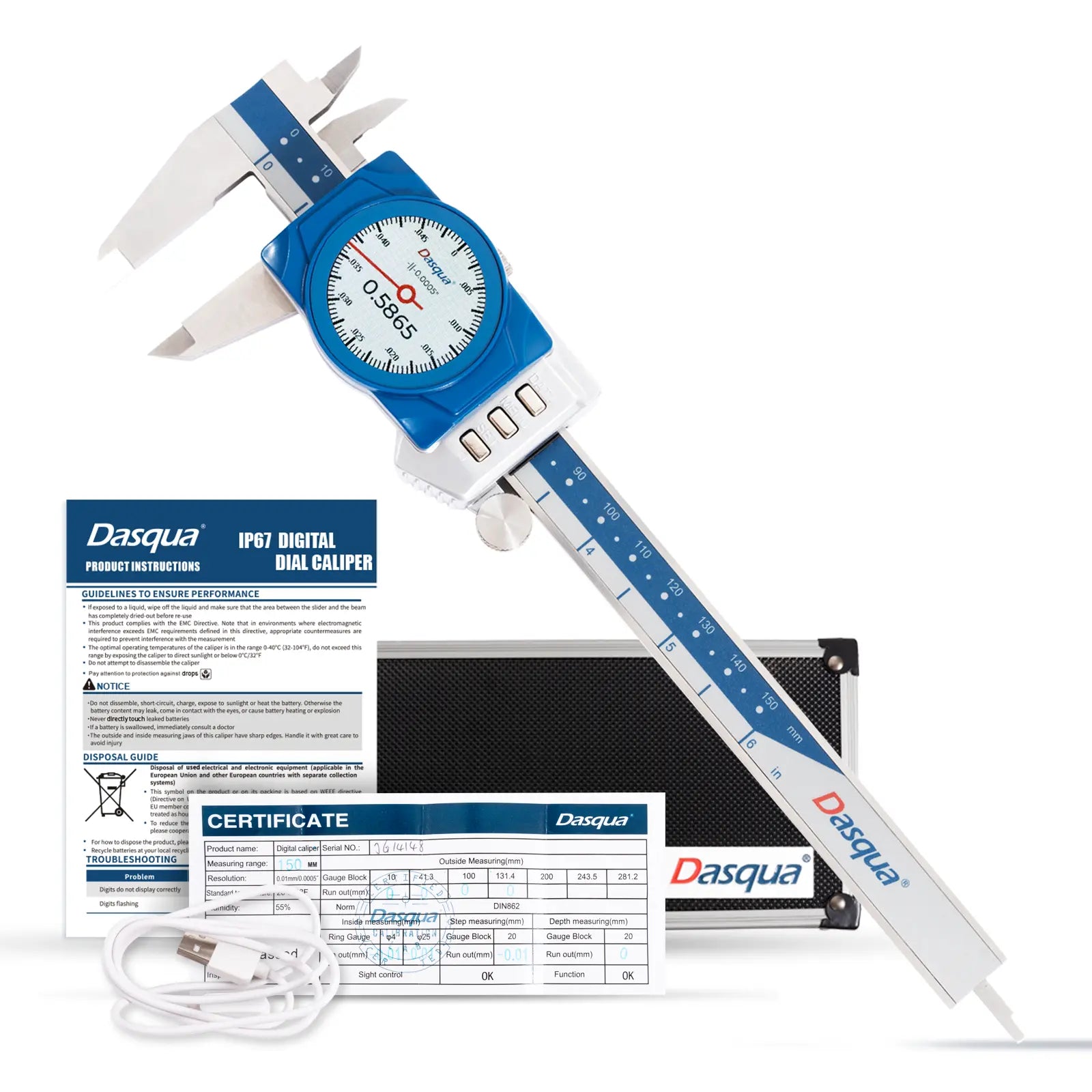 Dasqua Digital Dial Calipers 6" / 150mm IP67 0.01mm/ 0.0005'' Inch, Metric and Fractional Conversion Shockproof Measuring Tool with Case