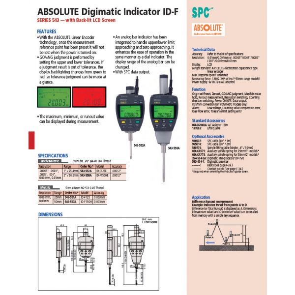 Mitutoyo Series 543-552E IDF ABS Digimatic model Accuracy:0.003mm Meas. Force:1.8N No.:543-552E Range:25mm/1" Resolution (switchable):0.001mm/0.01mm (0.00005"/0.0005"/0.0001"/0.001")