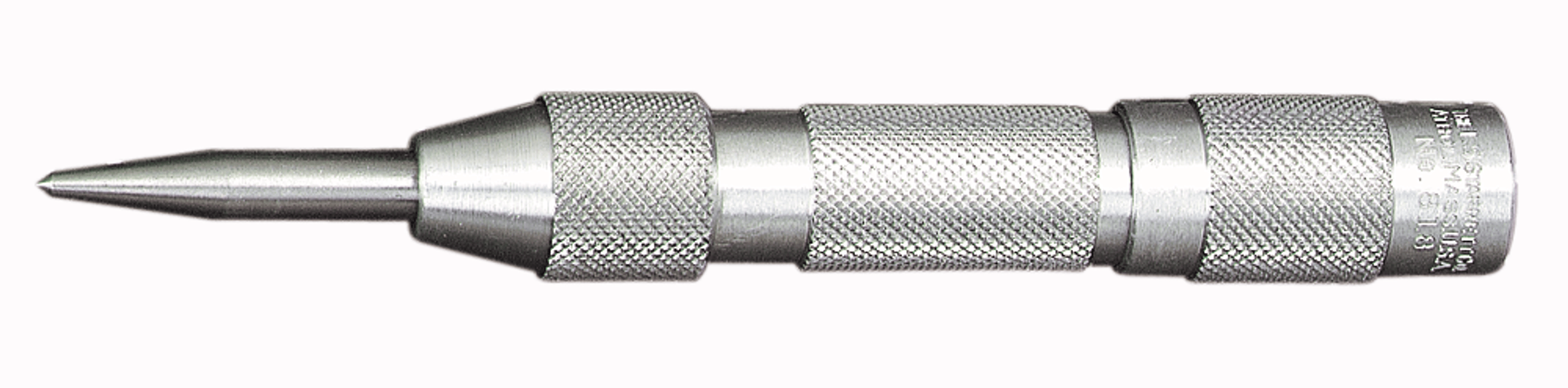 Starrett 818 Automatic Center Punch Length (in):5" Length (mm):125mm Punch Diameter (in):5/8" Punch Diameter (mm):16mm Material:Aluminum