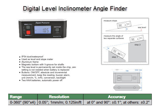 IP65 Digital Protractor Model: 82413-00C Accuracy ±0.05° Measuring Range 4X90° Resolution 0.05° without magnets