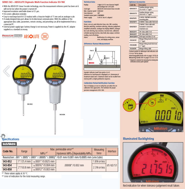 Mitutoyo 543-856-E Digital Indicator ID-F, ASME/ANSI/AGD 0.2"/12.7mm, 0.00002/0.00005/0.0001/0.0005 “ 0.0005/0.001/0.01 mm