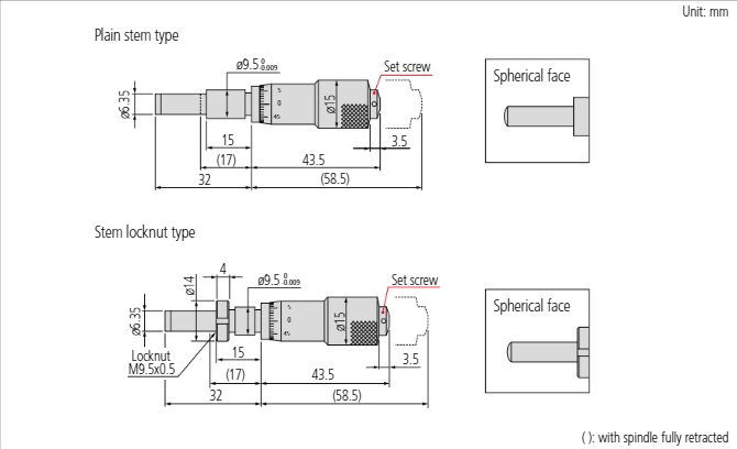 Micrometer Head, Carbide Tipped Spindle Standard Type, 0-15mm, 0,01mm, Flat, with Clamp Nut 149-131-10