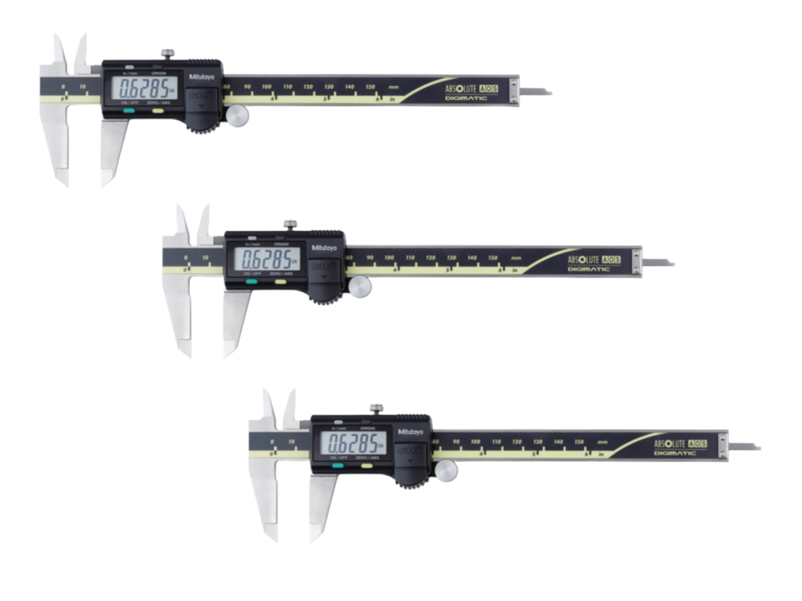 Trio Pack - Mitutoyo ABSOLUTE AOS Digital Caliper, 0-150mm(0-6"), No Output,(Square Depth Rod & Thumb Roller) 500-196-30