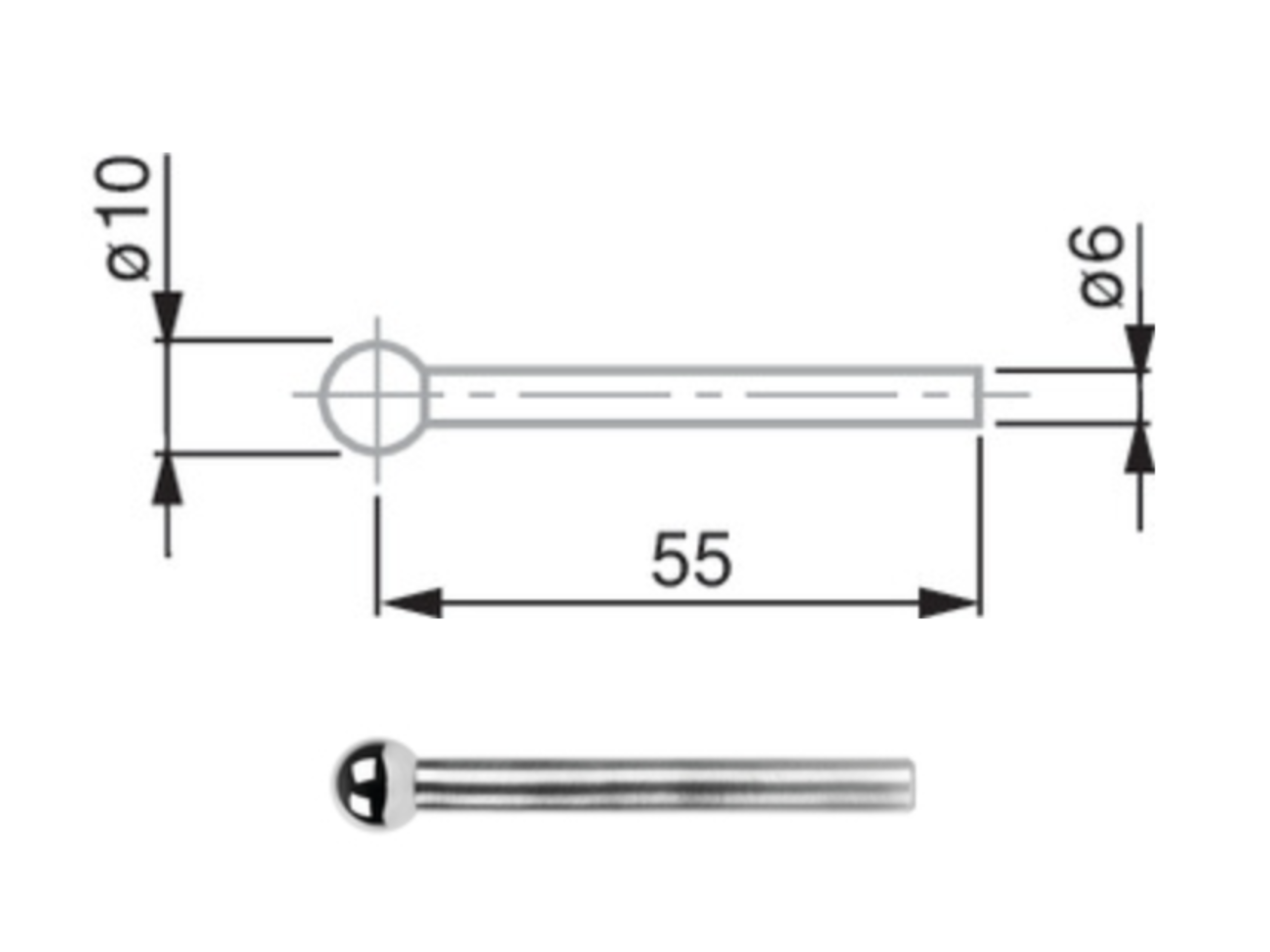 Tesa Ball Probe Carbide, Ø6mm Shank, Ø 10 mm, L = 55 mm 00760060