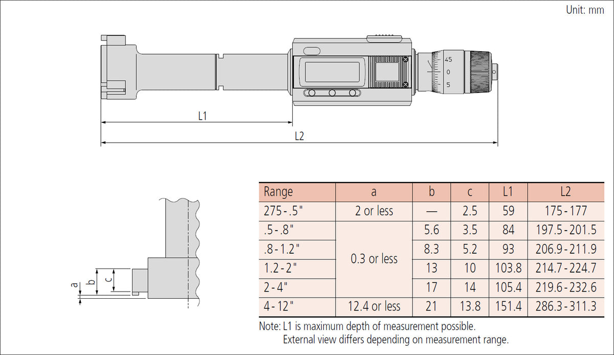 Mitutoyo Digital 3-Point Internal Micrometer 6.985-8.89mm/0.275-0.35″ 468-261
