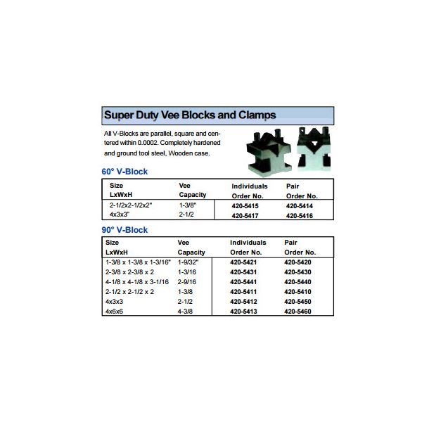 MHC 420-5450 Super Duty Vee Blocks 4"Wx3"Lx3"H" sold in pair 90 degree Vee, Accuracy .00075"