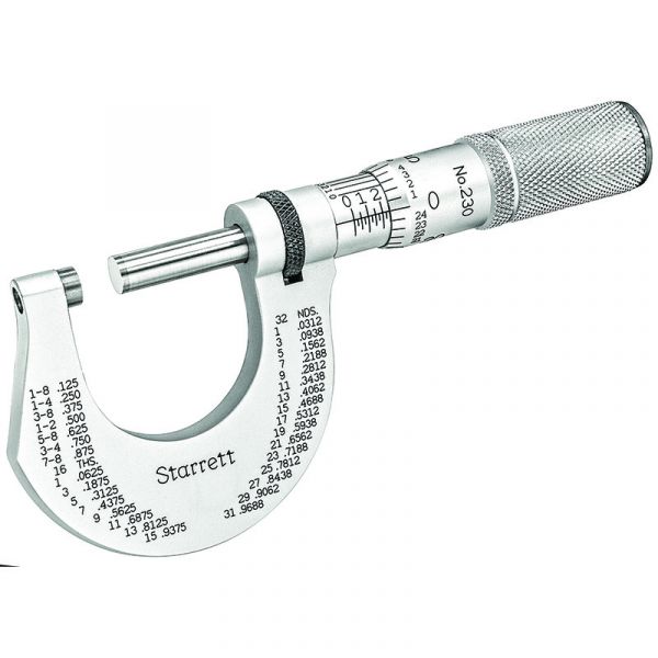 Starrett T230XFL Outside Micrometer includes 0-1" range, friction thimble, lock nut, carbide face, 0-1" Range, .0001" Grad, Carbide Faces, Friction Thimble, Lock Nut.