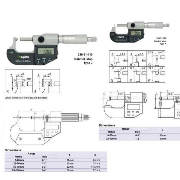 Inspec Tube Micrometer 0-1"/0-25mm x .00005"/.001mm Code 236-61-210 Spherical Anvil and Spherical Spindle