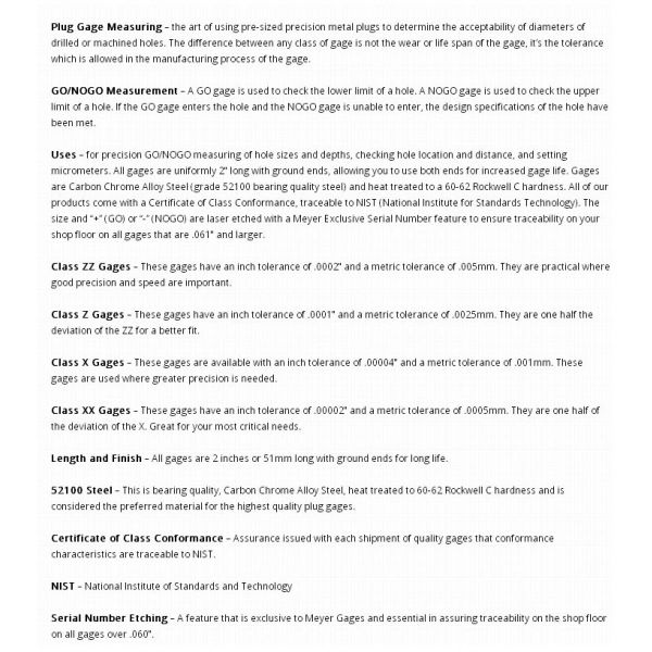 Meyer Pin Gauge sets M45M .636-.7505" x.001" Minus Tolerance