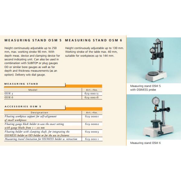 Schwenk OSIMESS 62900016 MEASURING STAND OSM 6 Height continuously adjustable up to 130 mm. Working stroke of the table max. 40 mm, suitable for workpieces up to Ø 144 mm, maximum working stroke 40 mm, Length 231 mm, Width 120 mm, Height 265 mm