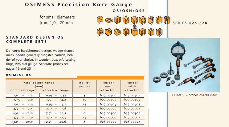 Schwenk OSIMESS 62700404 Split Ball Bore Gauge Sets Nominal range 1-4mm effective range .95-4.2mm  number of probes 15, Hoder without retraction Model OS, hard chrome design